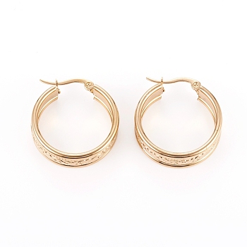304 Stainless Steel Geometric Hoop Earrings for Women Girls, Hypoallergenic Earrings, Textured, Ring with Floral Pattern, Golden, 25x8.5mm, Pin: 1x0.6mm
