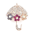 Alloy Rhinestone Lapel Pins for Backpack Clothes, Umbrella with Flower, Golden, Colorful, 30x24mm(JEWB-P058-06G)