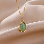Natural Green Aventurine Irregular Oval Pendant 304 Stainless Steel Cable Chain Necklaces for Women, Real 18K Gold Plated, 14.96 inch(38cm)(FS-WGF500E-01)