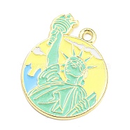 Alloy Enamel Pendants, Golden, Flat Round with Statue of Liberty Pattern, Champagne Yellow, 27x22x1.5mm, Hole: 1.8mm(X-ENAM-M217-03A-G)