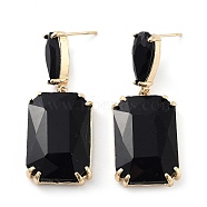 Glass Rectangle Dangle Stud Earrings, Light Gold Brass Earrings, Black, 47.5x18.5mm(EJEW-Q800-15F-KCG)