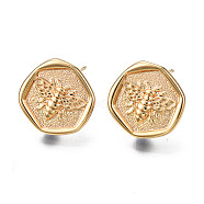 Brass Stud Earring Findings, with Loop, Nickel Free, Real 18K Gold Plated, Flat Round with Bee, 13~13.5x13.5mm, Hole: 2mm, Pin: 0.8mm(X-KK-T038-462G)