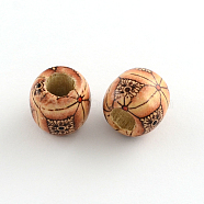 Barrel Printed Natural Wood Large Hole Beads, Peru, 16~17x15~16mm, Hole: 6~7mm(X-WOOD-R243-16mm-A12)