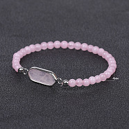 Hexagon Brass Link Bracelets, Natural Rose Quartz Bead Bracelet for Women, 6-7/8~7-1/8 inch(17.5~18cm)(PW-WG17212-02)