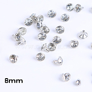 Brass Rhinestone Rivets, Caps and Studs, for Leather Craft DIY Making, Platinum, Flat Round, Crystal, Stud: 8x8.5mm, Cap: 5.5x3mm(KK-WH0035-13D)