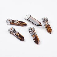 Natural Tiger Eye Big Pendants, with Alloy Findings, Arrow, Platinum, 56~58x16x10mm, Hole: 5x7mm(G-G718-A21)