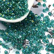 Glass Seed Beads, Half Plated, Transparent Colours Rainbow, Round Hole, Round, Teal, 4x3mm, Hole: 1.2mm, 7500pcs/pound(SEED-H002-A-A617)