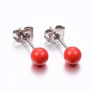 304 Stainless Steel Spray Painted Stud Earrings, Round, Red, 17x6mm, Pin: 0.8mm, 12pairs/card(EJEW-H353-07-C)