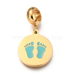 Ion Plating(IP) 304 Stainless Steel European Dangle Charms, with Enamel, Large Hole Pendants, Flat Round with Baby Feet, Golden, Medium Turquoise, 25mm, Hole: 4.5mm, Pendant: 16x14x1.3mm(OPDL-L013-40C)