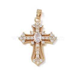 Rack Plating Brass Pendant, with Cubic Zirconia, Lead Free & Cadmium Free, Long-Lasting Plated, Cross, Real 18K Gold Plated, 27.5x20.5x4mm, Hole: 5x3mm(KK-H476-17G-02)