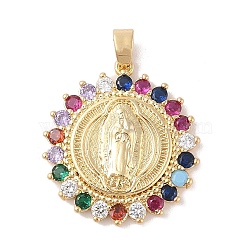 Brass Cubic Zirconia Pendants, Long-Lasting Plated, Flat Round with Holy Virgin Charms, Golden, Colorful, 31x26x4.5mm, Hole: 6mm(KK-Z050-07G-01)