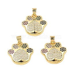 Real 18K Gold Plated Rack Plating Brass Micro Pave Cubic Zirconia Pendants, Long-Lasting Plated, Cadmium Free & Lead Free, Paw Print Charms, Colorful, 19x19.5x3.5mm, Hole: 3.2x4.3mm(ZIRC-L100-139G)