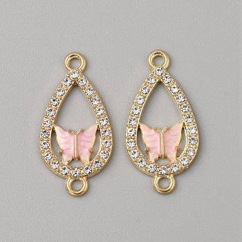 Alloy Enamel Connectors Charms, Teardrop Links with Butterfly, with Crystal Rhinestone, Light Gold, Pink, 26.5x13x2mm, Hole: 1.8mm