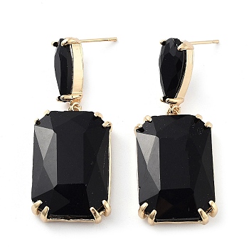 Glass Rectangle Dangle Stud Earrings, Light Gold Brass Earrings, Black, 47.5x18.5mm