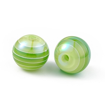 UV Plating Rainbow Iridescent Resin Beads, Round, Light Green, 16x15mm, Hole: 3mm