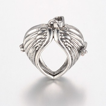 Eco-Friendly Rack Plating Brass Hollow Heart Cage Pendants, Cadmium Free & Lead Free, Antique Silver, 31x32x15mm, Hole: 9x4mm, Inner Size: 25x23mm
