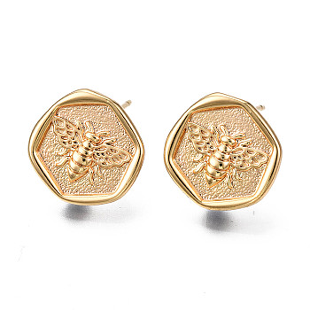 Brass Stud Earring Findings, with Loop, Nickel Free, Real 18K Gold Plated, Flat Round with Bee, 13~13.5x13.5mm, Hole: 2mm, Pin: 0.8mm