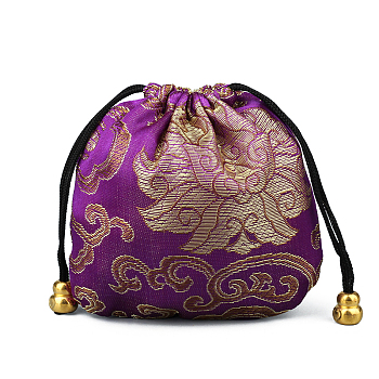 Chinese Style Silk Brocade Jewelry Packing Pouches, Drawstring Gift Bags, Auspicious Cloud Pattern, Purple, 11x11cm