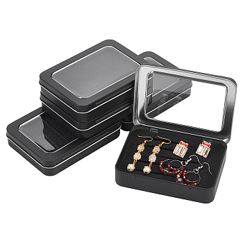 Tinplate Storage Box, with Sponge, Visual Window, Jewelry Box, Rectangle, Black, 8.85x11.8x2.4cm