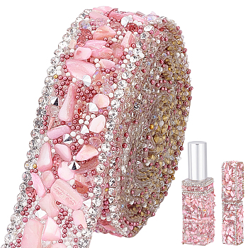Elite 1M Hotfix Rhinestone Tape, with Tumbled Gemtone Chip, for Costume Accessories, Belt Decoration, Pink, 20x2~3mm