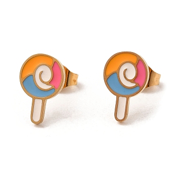 Ion Plating(IP) 304 Stainless Steel Stud Earrings with Colorful Enamel, Lollipop Shape, Real 18K Gold Plated, 11.5x7.5mm