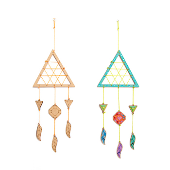 DIY Triangle Wind Chime Making Kits, Including 1Pc Wood Plates, 1 Card Cotton Thread and 1Pc Plastic Knitting Needles, for Children Painting Craft, Mixed Color, Thread & Needle: Random Color