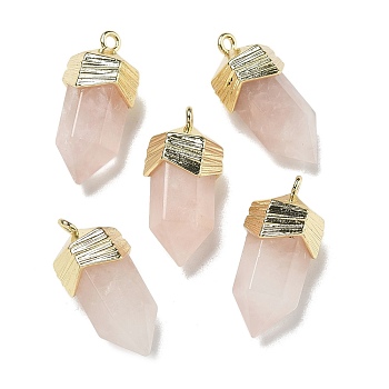 Natural Rose Quartz Faceted Pendants, Sword Shaped Charms with Rack Plating Brass Findings, Golden, 21~23x9x10.5mm, Hole: 1.6mm