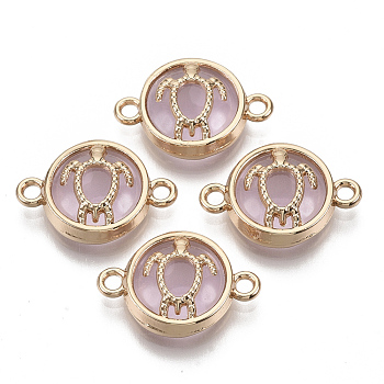 Glass Links connectors, with Light Gold Plated Alloy Findings, Flat Round with Tortoise, Pearl Pink, 13.5x19.5x5.5mm, Hole: 1.6mm