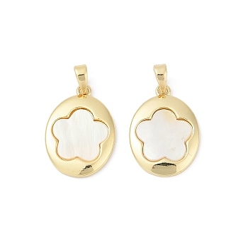 Brass Pave Natural White Shell Pendants, Lead Free & Cadmium Free, Real 18K Gold Plated, Rack Plating, Oval, 20.5x15x2.5mm, Hole: 5x3mm