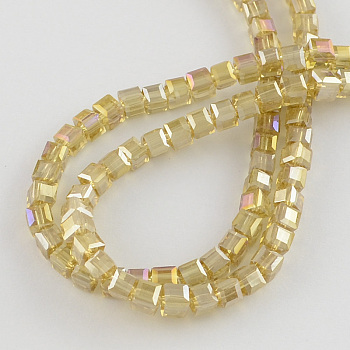 Electroplate Glass Beads Strands, AB Color Plated, Faceted, Cube, Champagne Yellow, 6x6x6mm, Hole: 1mm, about 100pcs/strand, 22 inch
