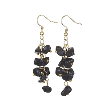 Natural Obsidian Chips Dangle Earrings, Golden 304 Stainless Steel Cluster Earrings, 58~60x12~16mm