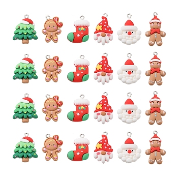 24Pcs 6 Styles Christmas Opaque Resin Pendants, with Platinum Tone Iron Loops, Gingerbread Man & Gnome & Santa Claus, Mixed Shapes, Mixed Color, 26.5~33x18~22x5.5~7.5mm, Hole: 2x2.5~3mm,  4pcs/style