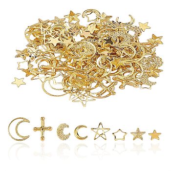160Pcs 8 Styles Brass & Alloy Material Cabochons, Moon & Stars, Golden, 3~8x3~8x0.3~1.1mm, 20pcs/style
