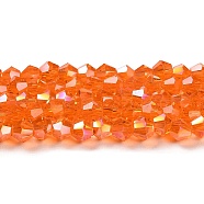 Transparent Electroplate Glass Beads Strands, AB Color Plated, Faceted, Bicone, Orange, 3.5mm, about 108~123pcs/strand, 12.76~14.61 inch(32.4~37.1cm)(GLAA-F029-3mm-A23)