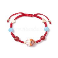 Fortune Cat Handmade Porcelain & Natural Carnelian & Acrylic Braided Bead Bracelets, Adjustable Nylon Cord Bracelets for Women, Red, Inner Diameter: 2~2-3/4 inch(5~7cm)(BJEW-JB10504)