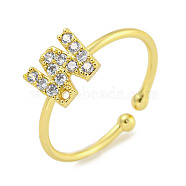 Rack Plating Brass Open Cuff Rings for Women, with Cubic Zirconia, Cadmium Free & Lead Free, Long-Lasting Plated, Letter, Letter W, Inner Diameter: 17.5mm, Letter: 7x8mm(RJEW-F162-02G-W)