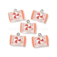 Christmas Theme Transparent Resin Pendants, with Platinum Tone Iron Loops, Candy Bag Charm with Lollipop Pattern, Coral, 17x20.5x5mm, Hole: 2mm(RESI-E022-01P-01)
