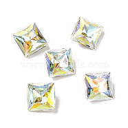 Light AB Style K9 Glass Cabochons, Pointed Back & Back Plated, Faceted, Square, Light Crystal AB, 10x10x5.2mm(RGLA-J039-C-001LA)