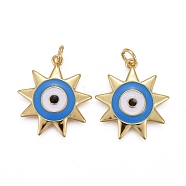 Brass Enamel Pendants, with Jump Rings, Long-Lasting Plated, Star with Sky Blue Evil Eye, Real 18K Gold Plated, 22x20x3mm, Hole: 3mm(KK-F821-49G)