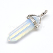 Faceted Bullet Opalite Double Terminated Pointed Pendants, with Random Platinum Plated Alloy Pendant Hexagon Bead Cap Bails, Platinum, 36~45x10mm, Hole: 3mm(X-G-J261-B12)