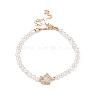 Brass Pave Clear Cubic Zirconia Star Link Chain Bracelets, Round Imitation Pearl Beaded Bracelets for Women, White, 7-1/8 inch(18.2cm)(BJEW-M321-01A)