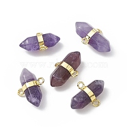 Natural Amethyst Double Terminal Pointed Connector Charms, Faceted Bullet Links, with Rack Plating Gloden Tone Brass Findings, Cadmium Free & Lead Free, 19x15.5x9mm, Hole: 2mm(G-P491-11G-04)