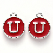 Platinum Plated Alloy Enamel Charms, Cadmium Free & Lead Free, Enamelled Sequins, Flat Round with Letter, Letter.U, 14x12x2mm, Hole: 1.5mm(X-ENAM-S118-03U-P)