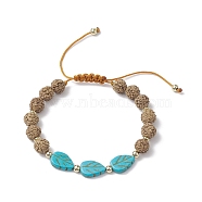 Round Natural Rudraksha and Synthetic Dyed Turquoise Braided Bead Bracelets, Adjustable Leaf Bracelets for Women Men, Inner Diameter: 1-7/8~3-1/4 inch(4.9~8.3cm), 9mm(BJEW-JB10550)