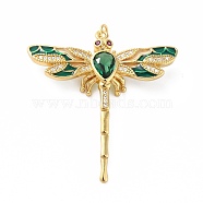 Rack Plating Brass Micro Pave Cubic Zirconia Pendants, with Enamel, Real 18K Gold Plated, Long-Lasting Plated, Lead Free & Cadmium Free, Dragonfly, Green, 42x40x7mm, Jump Ring: 5x0.8mm, 3.6mm Inner Diameter(KK-E281-07G-01)