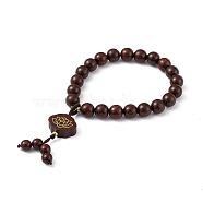 Sandalwood Round Beaded Stretch Bracelet, Lotus Charms Chinese Lucky Bracelet for Women, Coffee, Inner Diameter: 2-1/8 inch(5.5cm)(BJEW-H566-01)