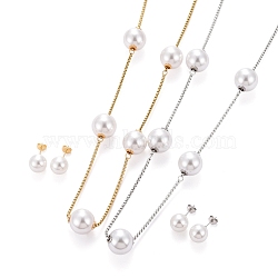 Ball 304 Stainless Steel Jewelry Sets, Venice Chains Bolo Necklaces and Stud Earrings, with Plastic Imitation Pearl, Lobster Claw Clasps and Ear Nuts, Mixed Color, 34.25 inch(87cm)(SJEW-H302-22)