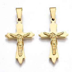 201 Stainless Steel Pendants, Crucifix Cross, for Easter, Real 18K Gold Plated, 30x18x3mm, Hole: 3x8mm(STAS-Q241-005G-NF)