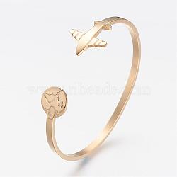 304 Stainless Steel Cuff Bangles, Travel Theme, Airplane and Earth, Golden, Inner Diameter: 2-1/2 inch(6.3cm)(BJEW-N0028-02G)