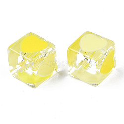 Transparent Acrylic Beads, with Enamel, Cube with Heart, Yellow, 14.5x14x14mm, Hole: 3mm(TACR-T004-10F)